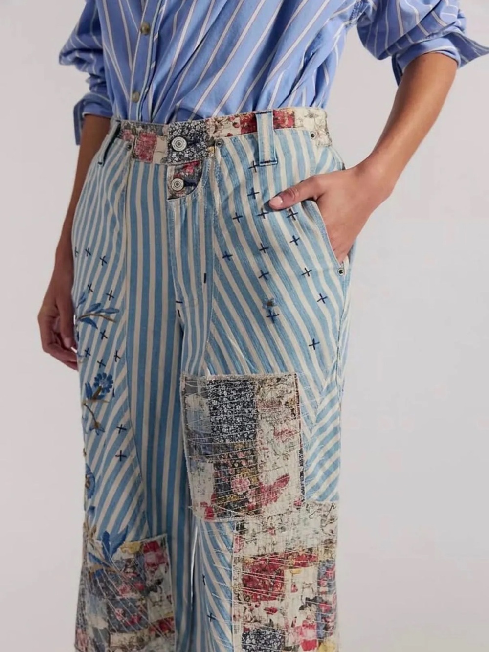 Free People West Ridge Blue Patte Patchwork Wide Leg Jeans - Picture 2 of 8
